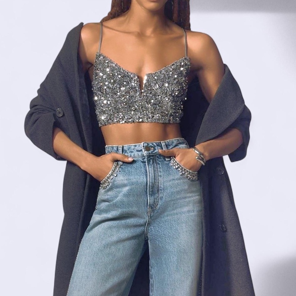 Anthropologie Bralette Eve Silver Sequin SIZE XL NEW